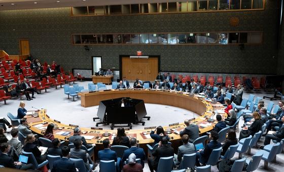 A wide view of the UN Security Council chamber as members hear a briefing from OSCE Chairperson-in-Office.